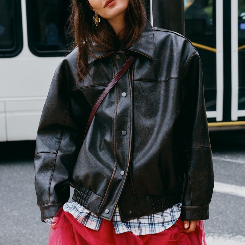 Anthropologie Pilcro Oversized Washed Dark Brown Faux Leather Jacket